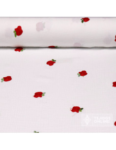 Tela Bambula con Manzanas Rojas Bordadas - Tejidos de Muselina - Imagen 1