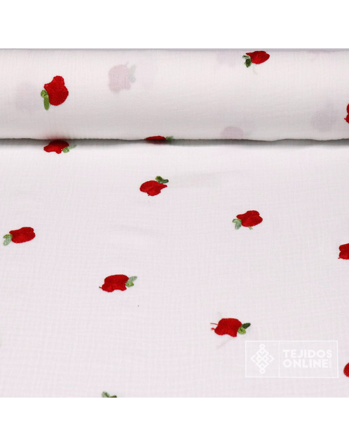 Tela Bambula con Manzanas Rojas Bordadas - Tejidos de Muselina - Imagen 1