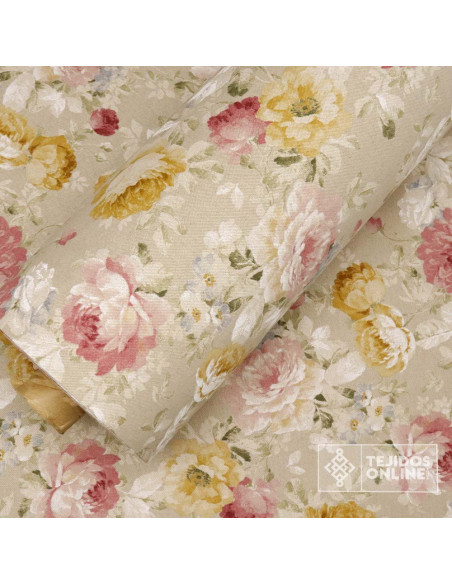 Tela Beige Con Flores Maquillaje y Mostaza - Telas para Cortinas - Imagen 4