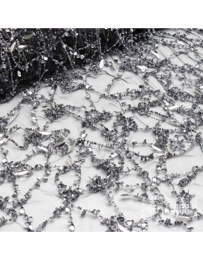 Telas de Pedrerías - Tul Pedrería Negro y Plata - TelasOnline - Imagen 1