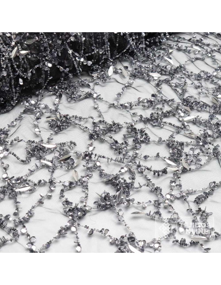 Telas de Pedrerías - Tul Pedrería Negro y Plata - TelasOnline - Imagen 1