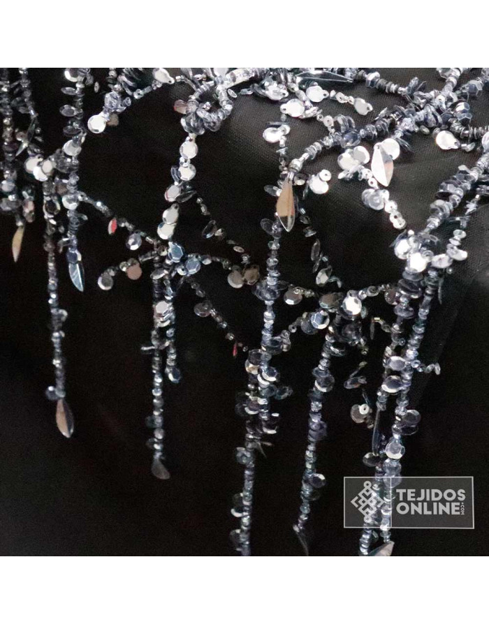 Telas de Pedrerías - Tul Pedrería Negro y Plata - TelasOnline - Imagen 3