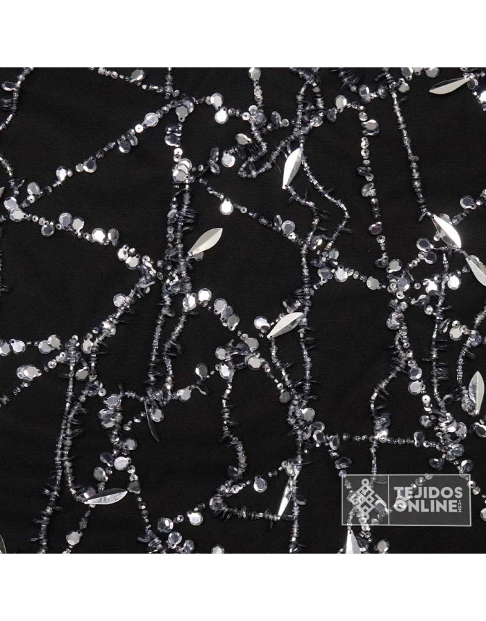 Telas de Pedrerías - Tul Pedrería Negro y Plata - TelasOnline - Imagen 4