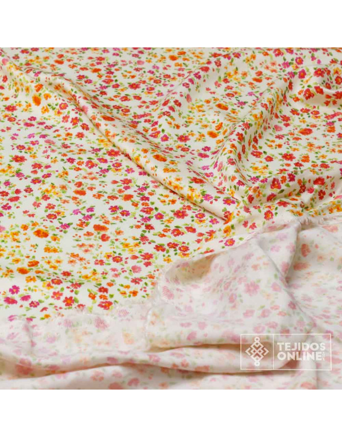 Tela Viscosa Flor Fucsia y Naranja  - Viscosa 100% - Imagen 2