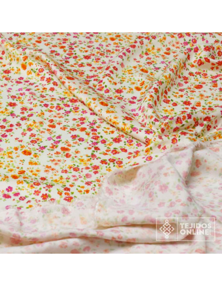 Tela Viscosa Flor Fucsia y Naranja  - Viscosa 100% - Imagen 2