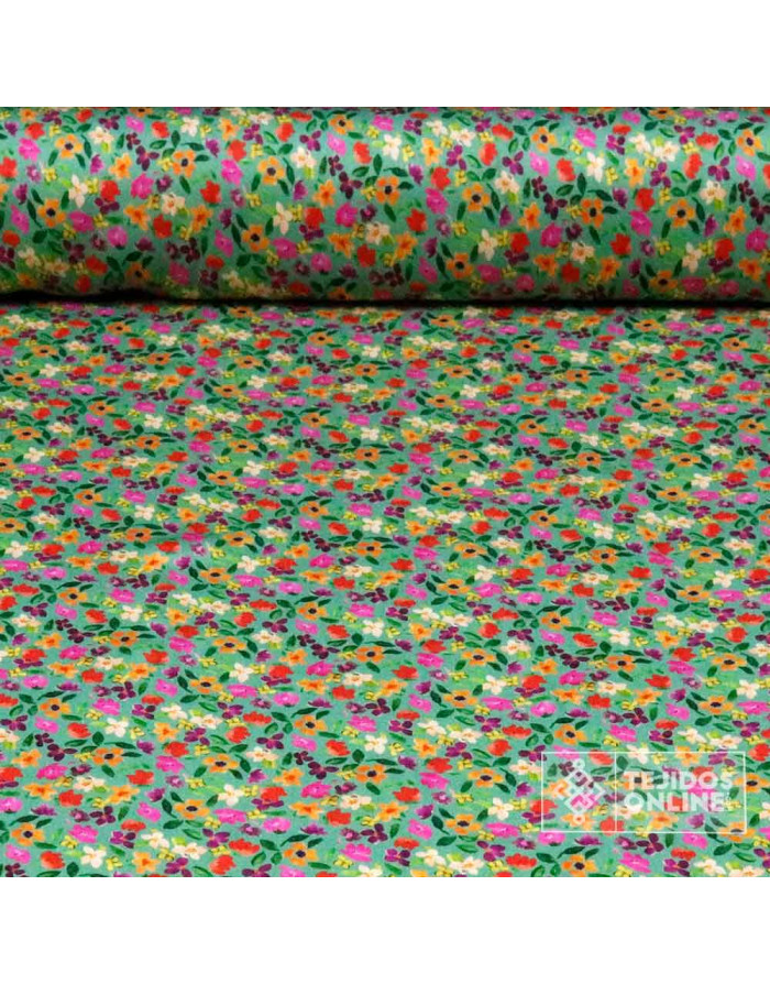 Tela Viscosa Verde con Flores - Viscosa 100% - Imagen 1