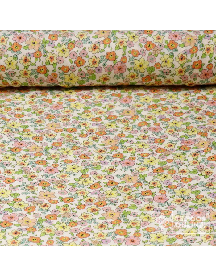 Tela Viscosa Beige con flores Amarillas - Viscosa 100% - Imagen 1