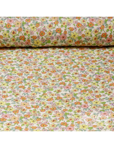 Tela Viscosa Beige con flores Amarillas - Viscosa 100% - Imagen 1
