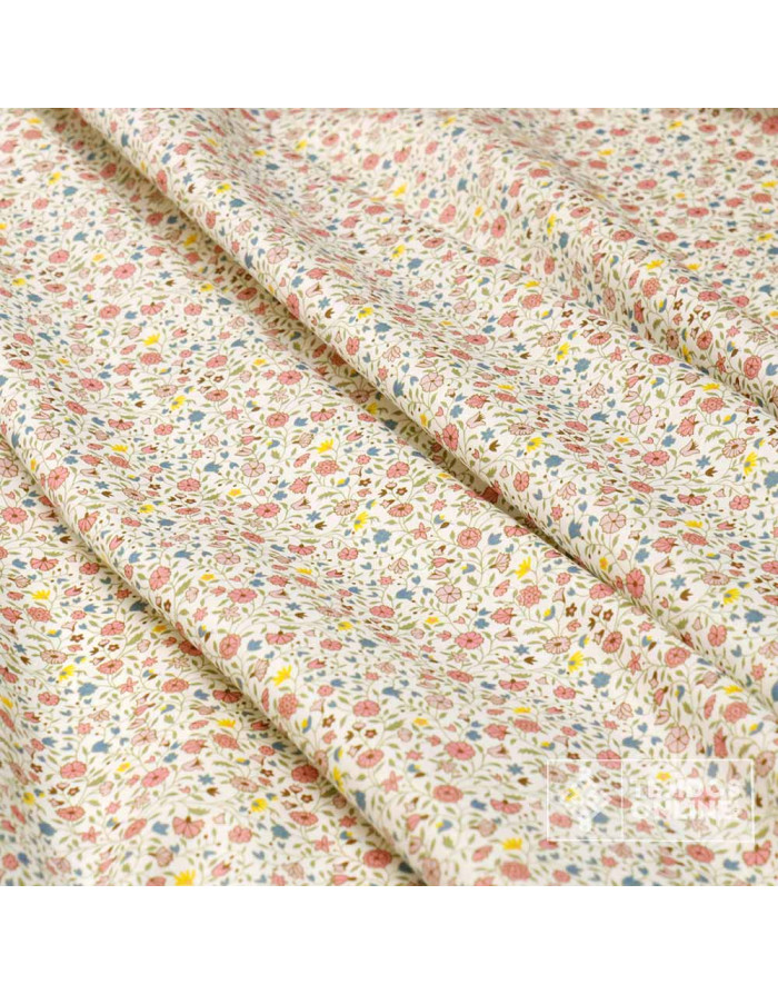 Tela Algodón Beige con flores Azafata y Rosa - Viscosa 100% - Imagen 4