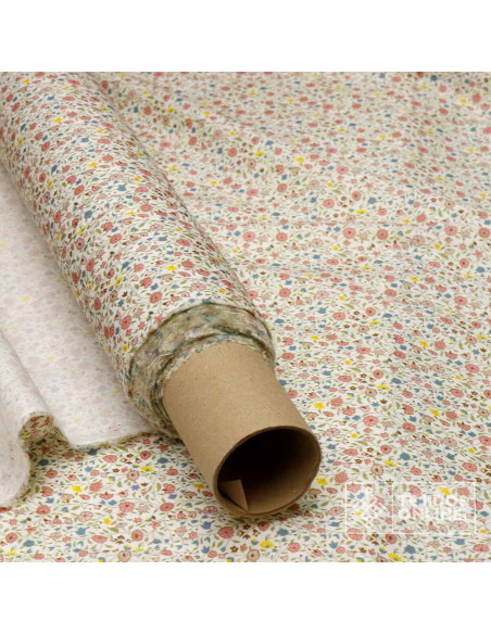 Tela Algodón Beige con flores Azafata y Rosa - Viscosa 100% - Imagen 3