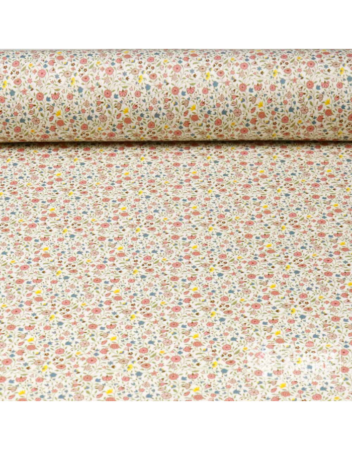 Tela Algodón Beige con flores Azafata y Rosa - Viscosa 100% - Imagen 1