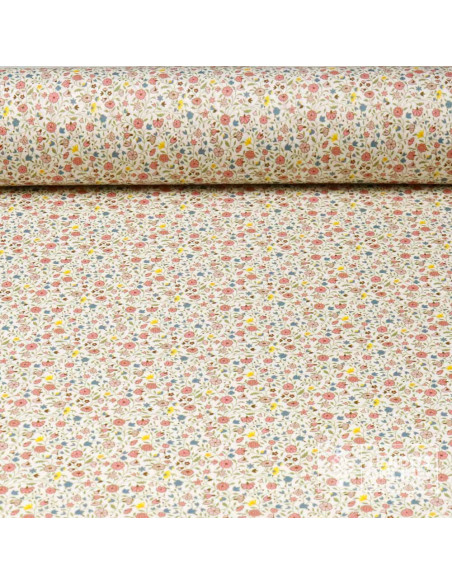 Tela Algodón Beige con flores Azafata y Rosa - Viscosa 100% - Imagen 1