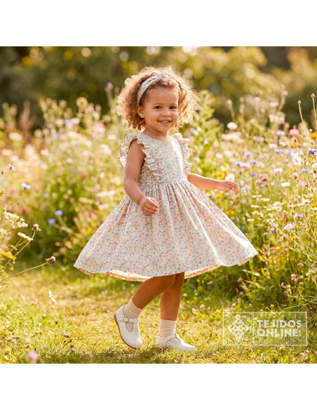 Tela Algodón Beige con flores Azafata y Rosa - Viscosa 100% - Imagen 2