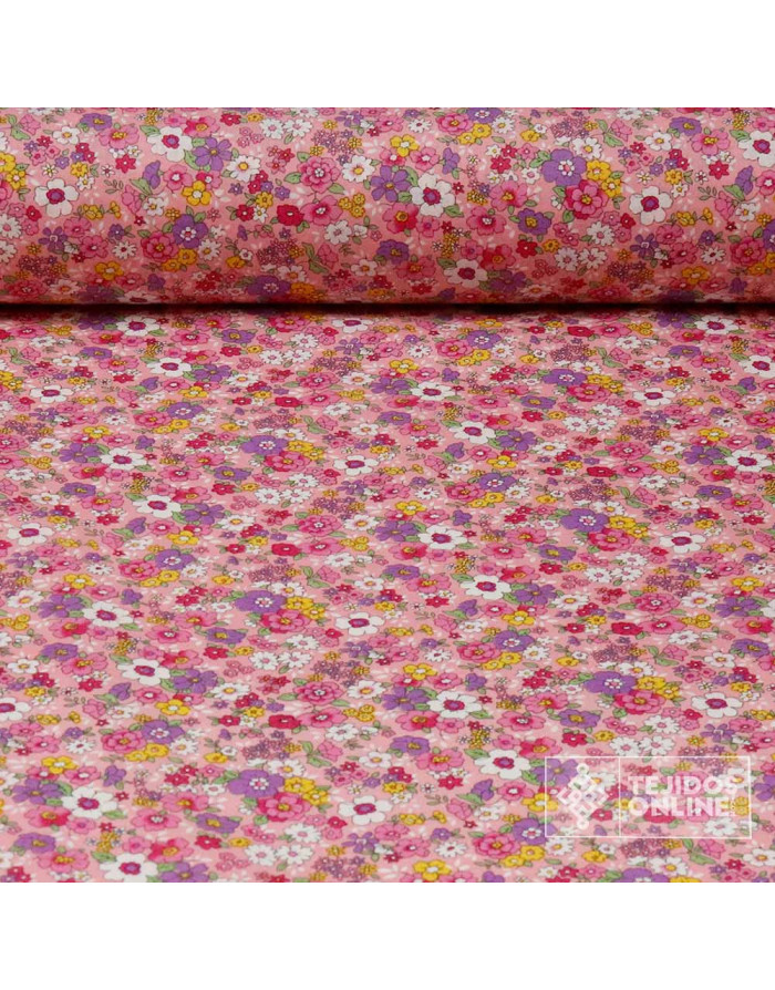Tela Rosa Con Flores Malvas 100% Algodón - Imagen 1