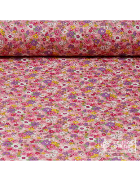 Tela Rosa Con Flores Malvas 100% Algodón - Imagen 1