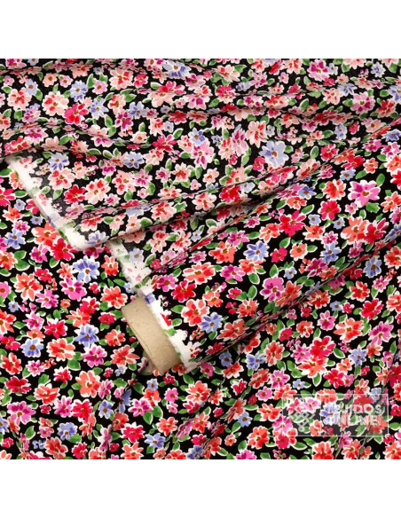 Viscosa Negra Flores Multicolor - Comprar Viscosas 100% - Imagen 2