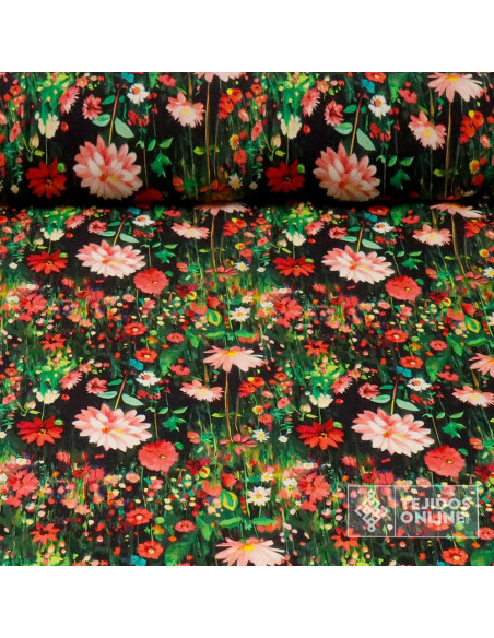 Tela Viscosa Negra Flor Coral - Viscosa 100% - Imagen 1