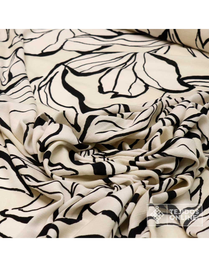 Tela Viscosa Beige con Flor Negra - Viscosa 100% - Imagen 3
