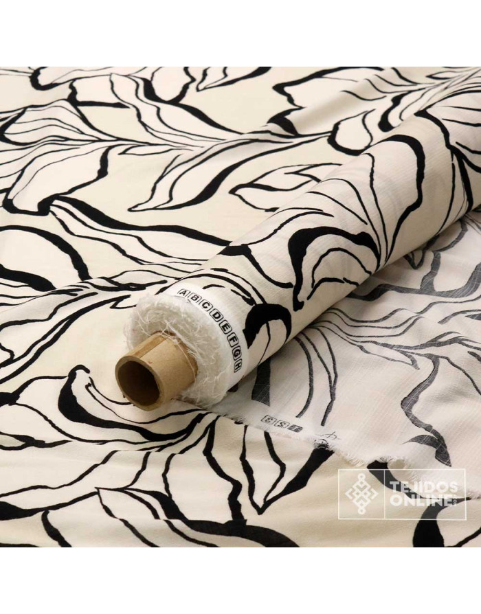 Tela Viscosa Beige con Flor Negra - Viscosa 100% - Imagen 2