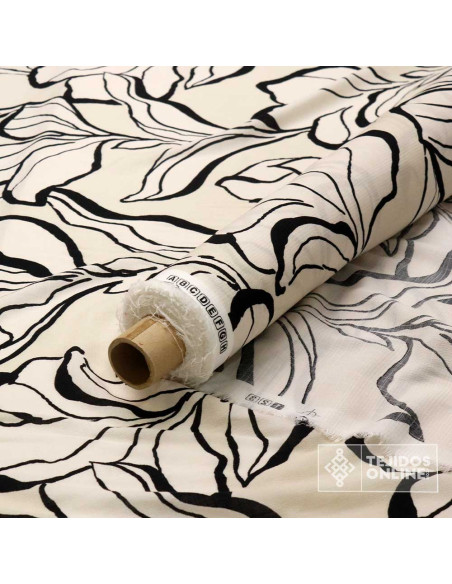 Tela Viscosa Beige con Flor Negra - Viscosa 100% - Imagen 2