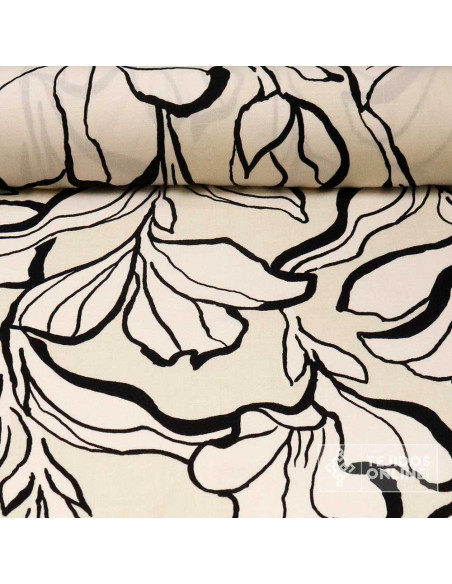Tela Viscosa Beige con Flor Negra - Viscosa 100% - Imagen 1