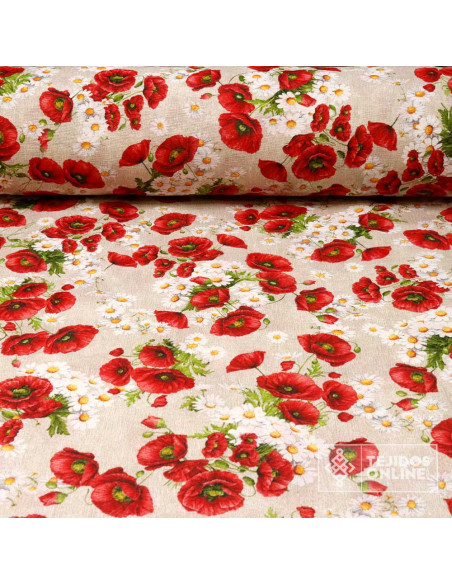 Tela de Amapolas con Margaritas | Telas para Manualidades - Imagen 1