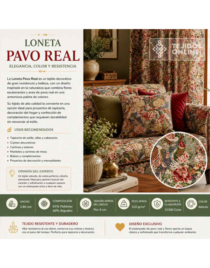 Tela Gobelino Pavo Real Floral: Tapicería Clásica - Imagen 5