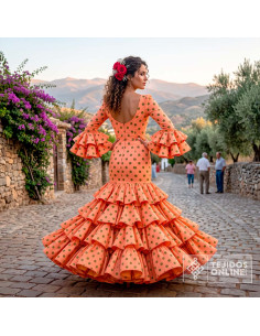 Tela Mandarina con Lunar Verde Caqui | Lunares para Flamenca - Imagen 2