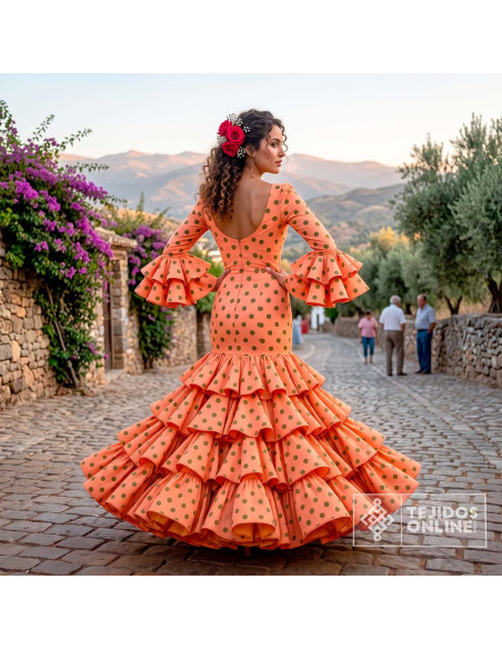 Tela Mandarina con Lunar Verde Caqui | Lunares para Flamenca - Imagen 2