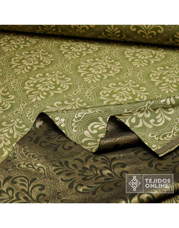 Telas Brocado Verde Caqui Medallón Oro viejo | Tejidos Online - Imagen 2