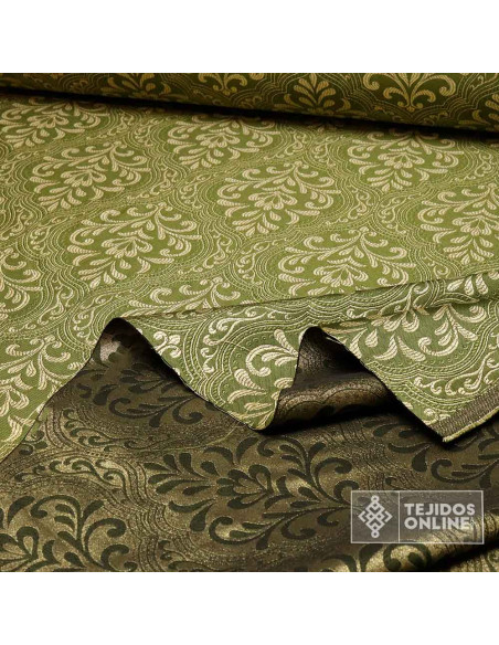 Telas Brocado Verde Caqui Medallón Oro viejo | Tejidos Online - Imagen 2