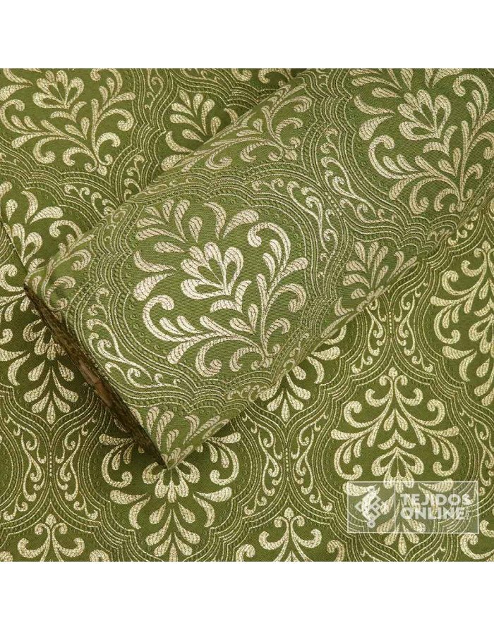 Telas Brocado Verde Caqui Medallón Oro viejo | Tejidos Online - Imagen 3