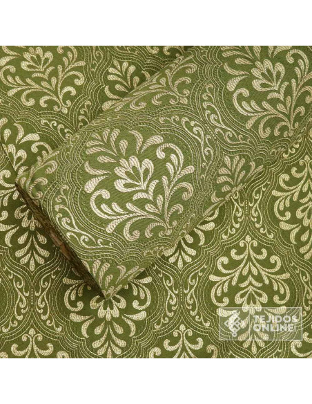Telas Brocado Verde Caqui Medallón Oro viejo | Tejidos Online - Imagen 3