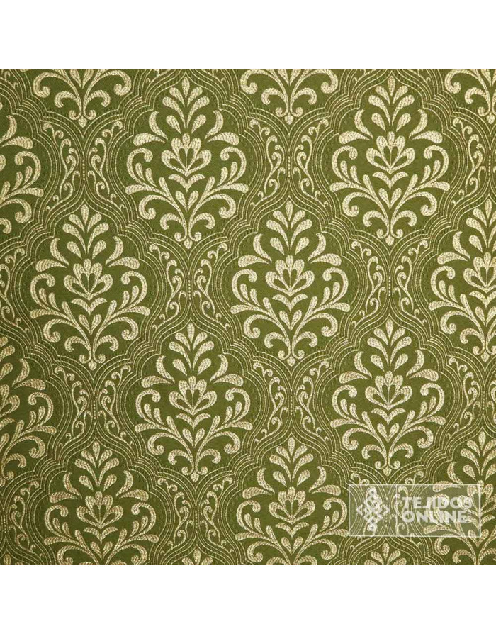 Telas Brocado Verde Caqui Medallón Oro viejo | Tejidos Online - Imagen 4