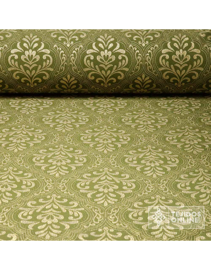 Telas Brocado Verde Caqui Medallón Oro viejo | Tejidos Online - Imagen 1