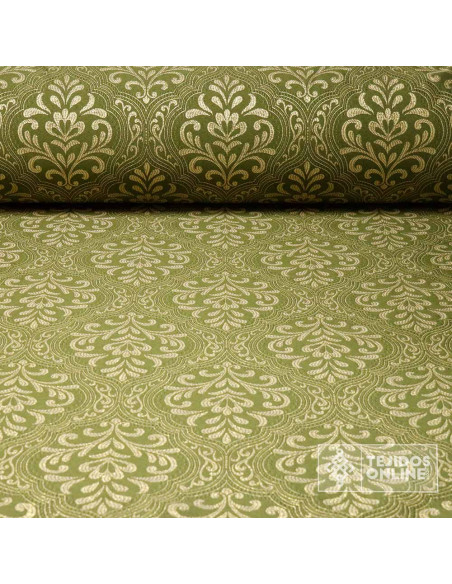 Telas Brocado Verde Caqui Medallón Oro viejo | Tejidos Online - Imagen 1