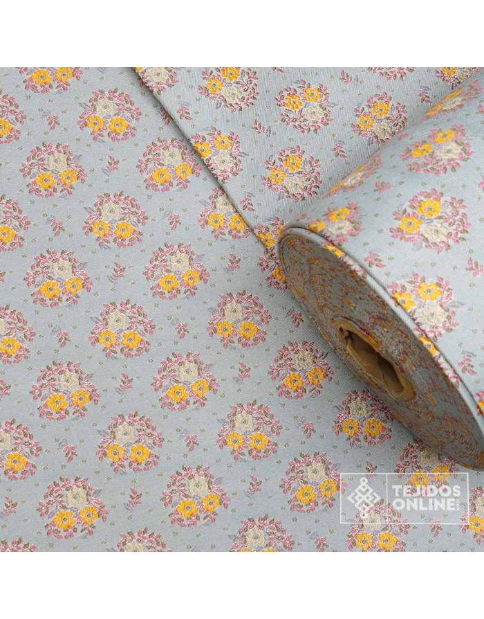 Telas Brocada Celeste Ramo Rosa | Tejidos Online - Imagen 3