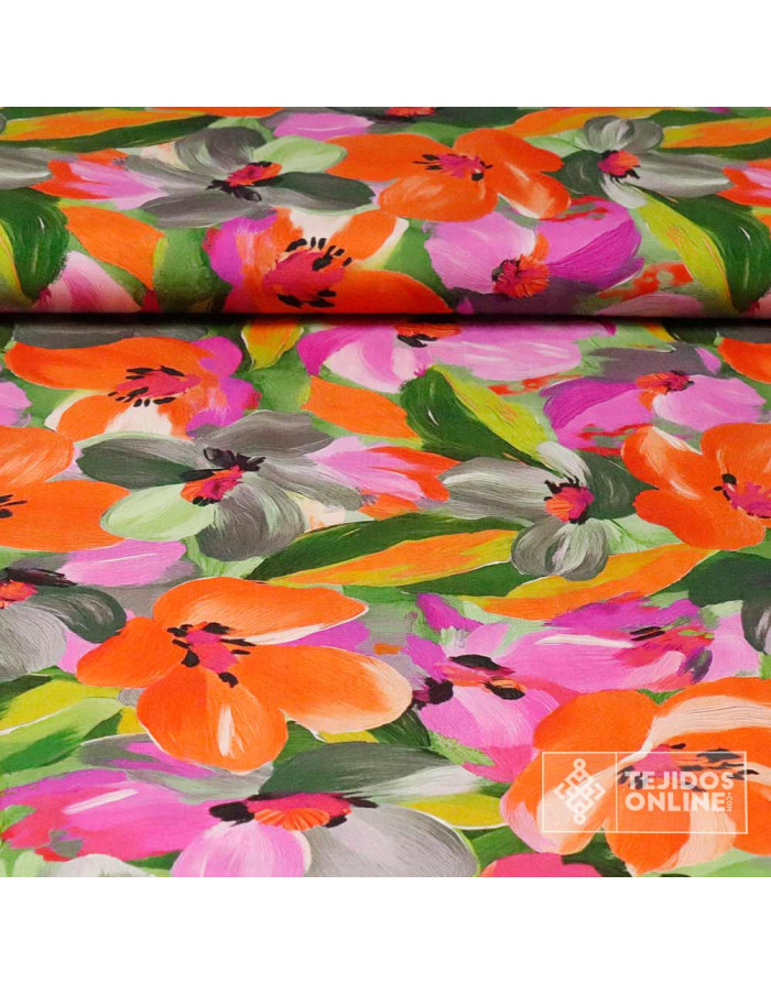 Viscosa Estampada Coral Floral | Tela Viscosa Estampada - Imagen 1