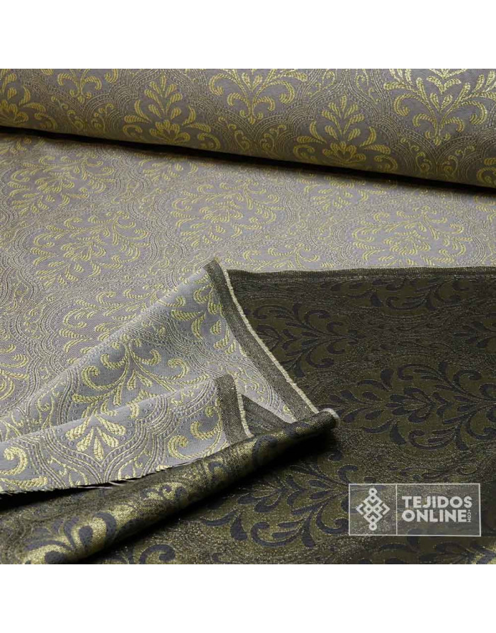 Tela Brocado Gris Medallón Oro viejo | Tejidos Online - Imagen 3