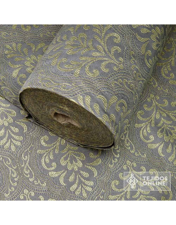 Tela Brocado Gris Medallón Oro viejo | Tejidos Online - Imagen 2