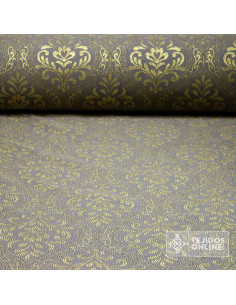 Tela Brocado Gris Medallón Oro viejo | Tejidos Online - Imagen 1