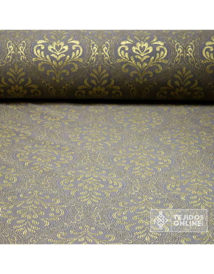 Tela Brocado Gris Medallón Oro viejo | Tejidos Online - Imagen 1