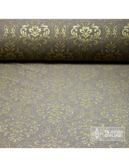 Tela Brocado Gris Medallón Oro viejo | Tejidos Online - Imagen 1