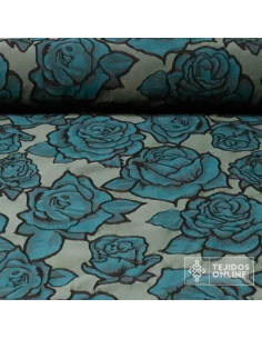 Tela Jacquard Flor Petróleo con Bordes Negros - Telas de Moda - Imagen 1