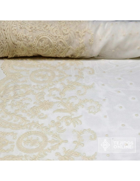 Tul Bordado Beige Arcila- Telas de Tul Bordadas - Imagen 1