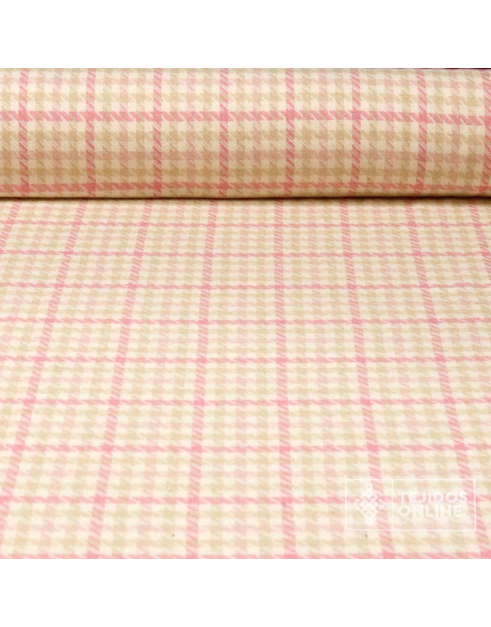 Tela Lana Pata Gallo Rosa y Beige · Tela clásica de vestir - Imagen 1