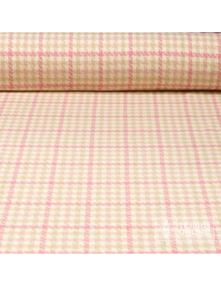 Tela Lana Pata Gallo Rosa y Beige · Tela clásica de vestir - Imagen 1