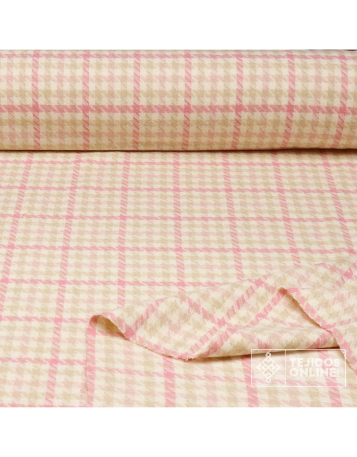 Tela Lana Pata Gallo Rosa y Beige · Tela clásica de vestir - Imagen 3