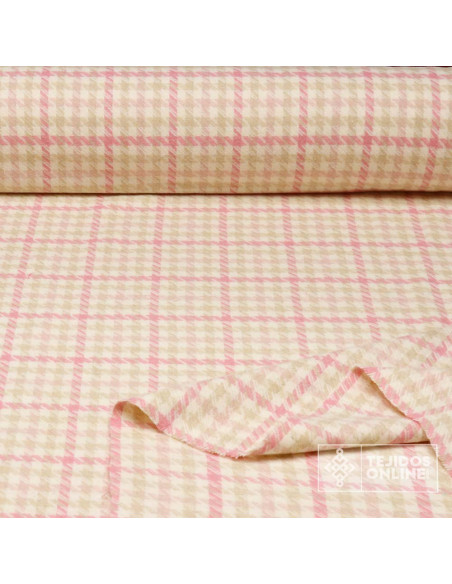 Tela Lana Pata Gallo Rosa y Beige · Tela clásica de vestir - Imagen 3