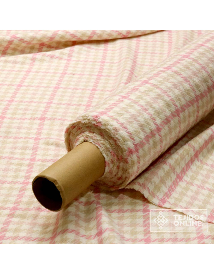 Tela Lana Pata Gallo Rosa y Beige · Tela clásica de vestir - Imagen 4